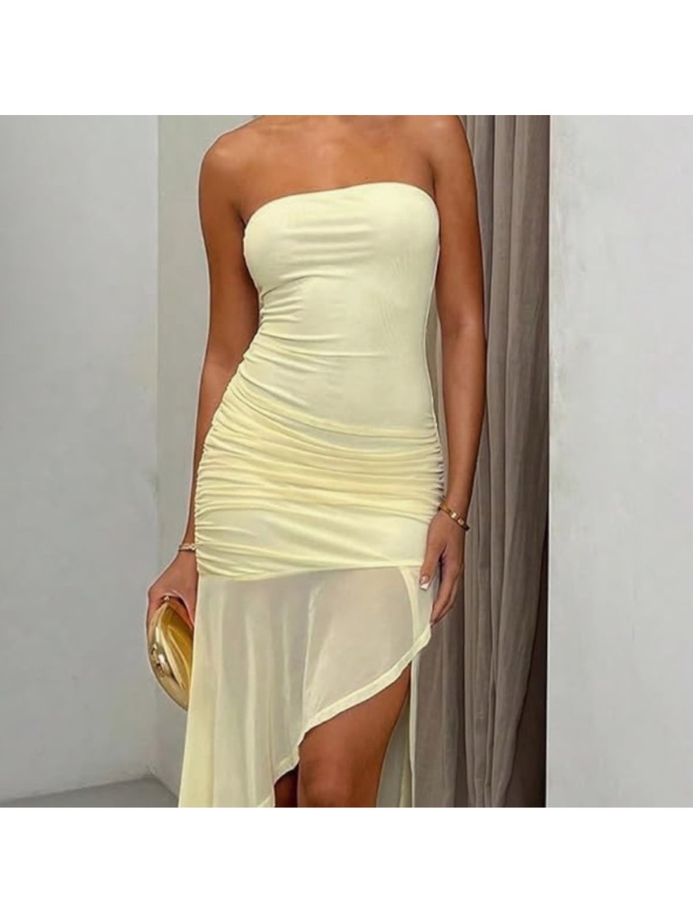 Strapless Yellow Sheer-Hem Bodycon Dress